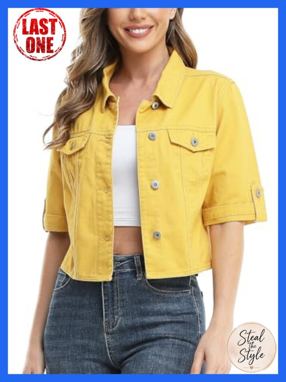 Cropped Short Sleeve Stretch Denim Jacket Button Up Casual Summer